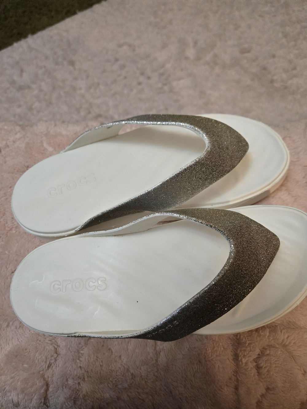 CROCS Women's White Footbed Flip Flops with Glitter Gray Straps